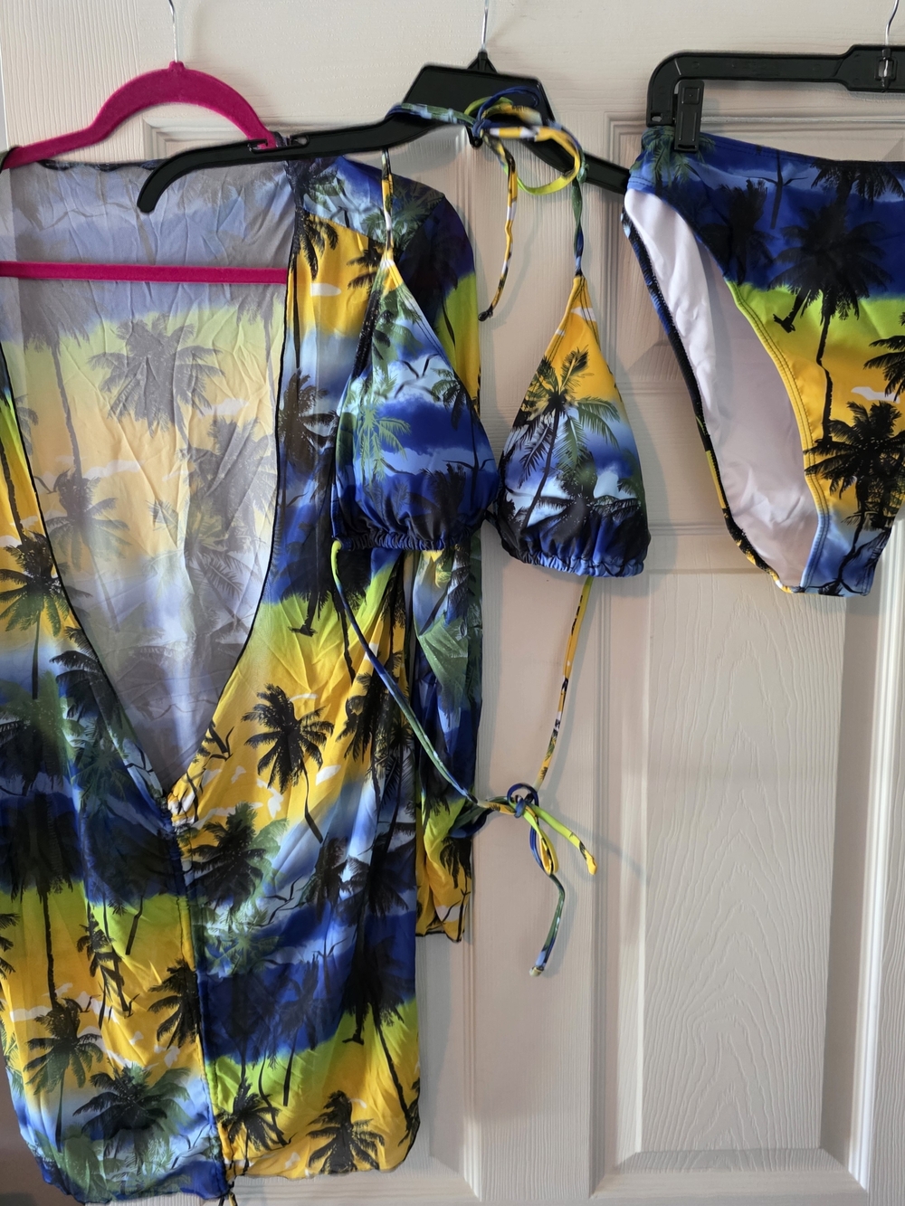 Tropical Palm Print Bikini Set with Cover-Up - Blue Green Yellow